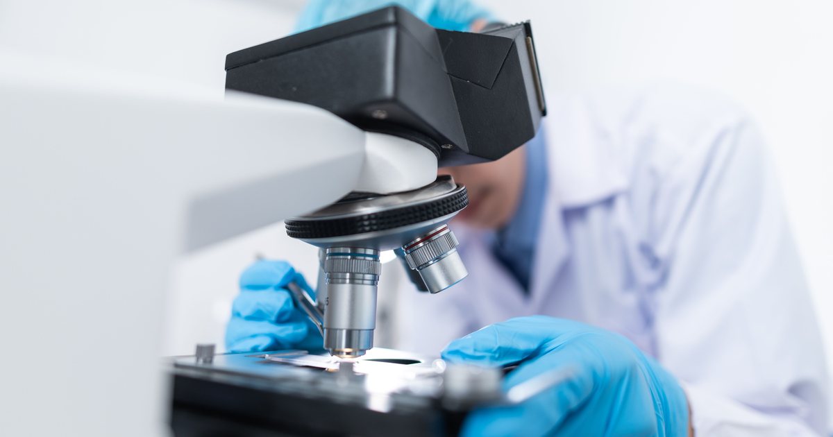 Investigador con bata blanca y guantes de látex azules observando una muestra a través de un microscopio en un laboratorio