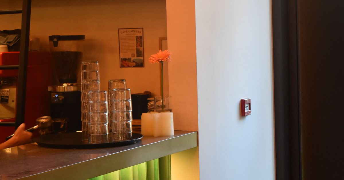 Barra de un bar con vasos apilados, cristalería colgada, una cafetera y taburetes altos junto al mostrador iluminado con luces verdes.